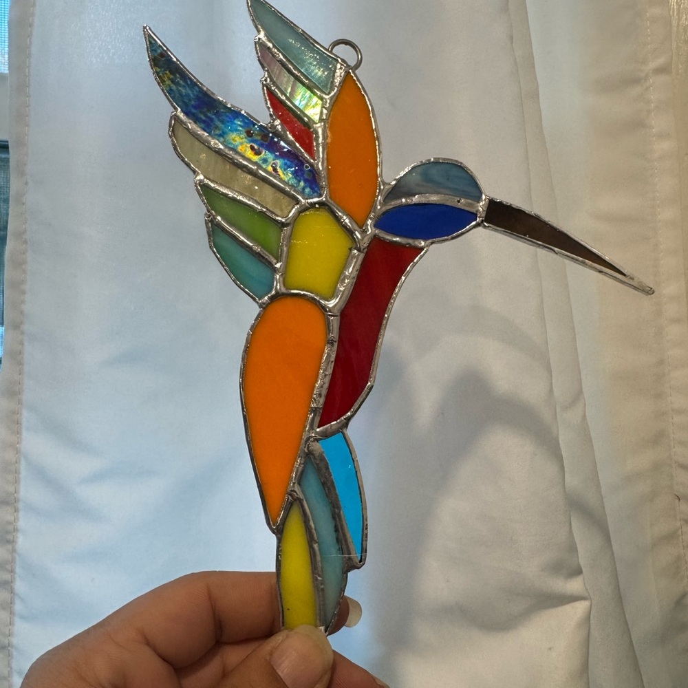 Colorful Stained Glass Hummingbird Suncatcher - Picture 3 of 3